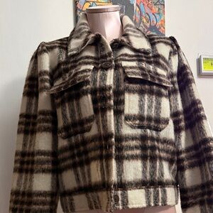 GAP Cream and Brown Plaid Teddy Jacket